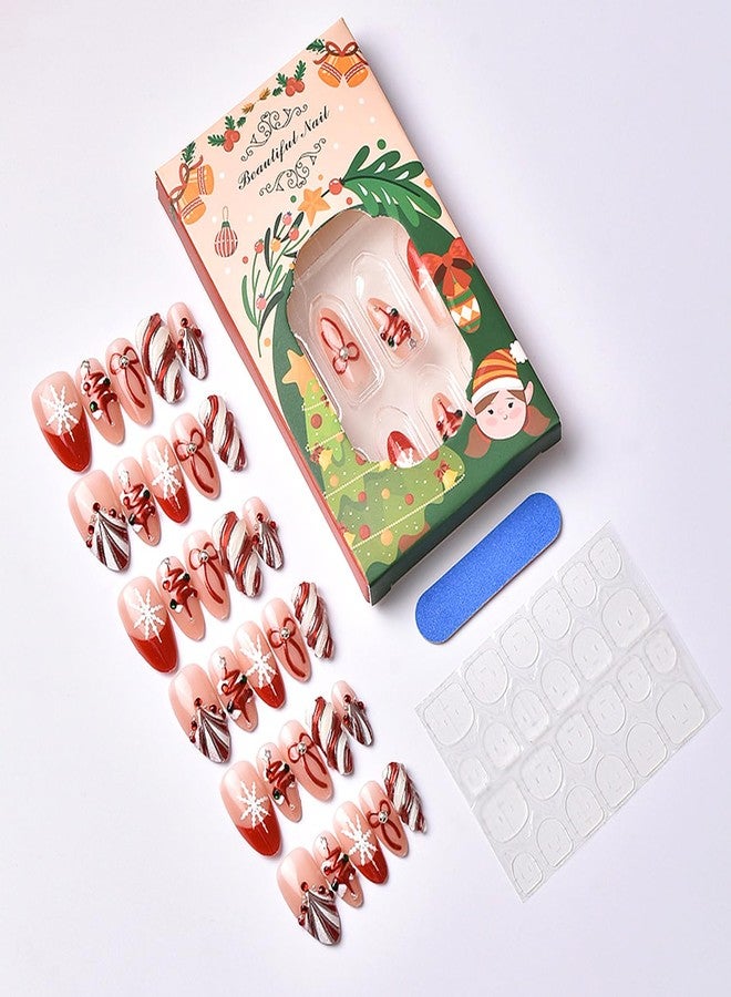 YKZFUI 30Pcs Handmade Christmas Press on Nails Medium Almond Fake Nails with 3D Rhinestones Jewelry Design Red French False Nails Cute Bow & Snow Full Cover Shiny Stripes Artificial Acrylic Nails for Women - Image 5